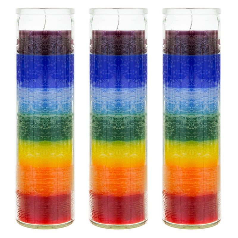 Mega Candles 3 pcs Unscented Multi Color Chakra Glass Devotional Prayer Candles, Hand Poured Premium Wax Candle 2 Inch x 8 Inch, Promotes Positive Energy, Aids Meditation, Relaxation, Spiritual - Image 1
